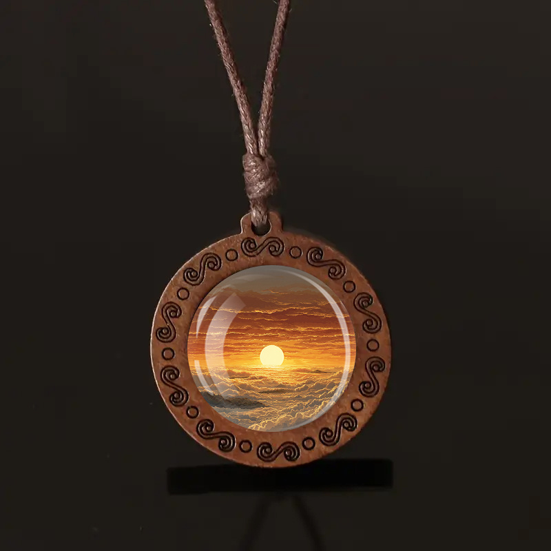 Vintage Boho Wooden Pendant Necklace with Glass Inlay